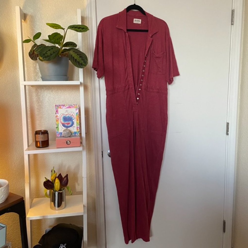 backbeat co. brick red button front jumpsuit w/ short sleeves